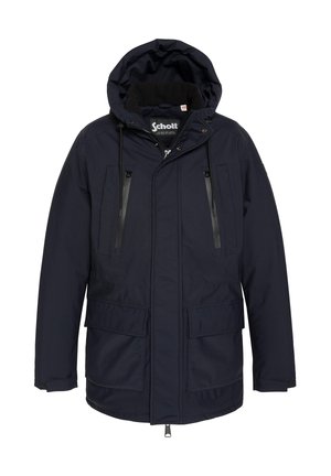 Navy blue parka jacket with a hood, features zippered chest pockets, large lower pockets, and adjustable drawstrings. Made of water-resistant fabric.
