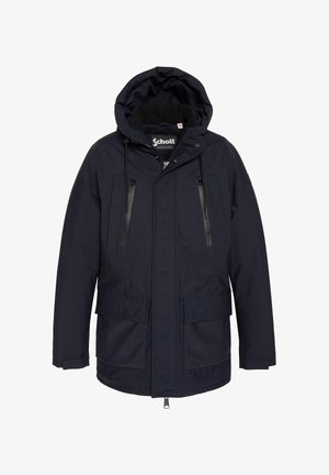 Marineblauwe parka jas met een capuchon, voorzien van ritssluitingen op de borstzakken, grote onderzakken en verstelbare koorden. Gemaakt van waterafstotende stof.