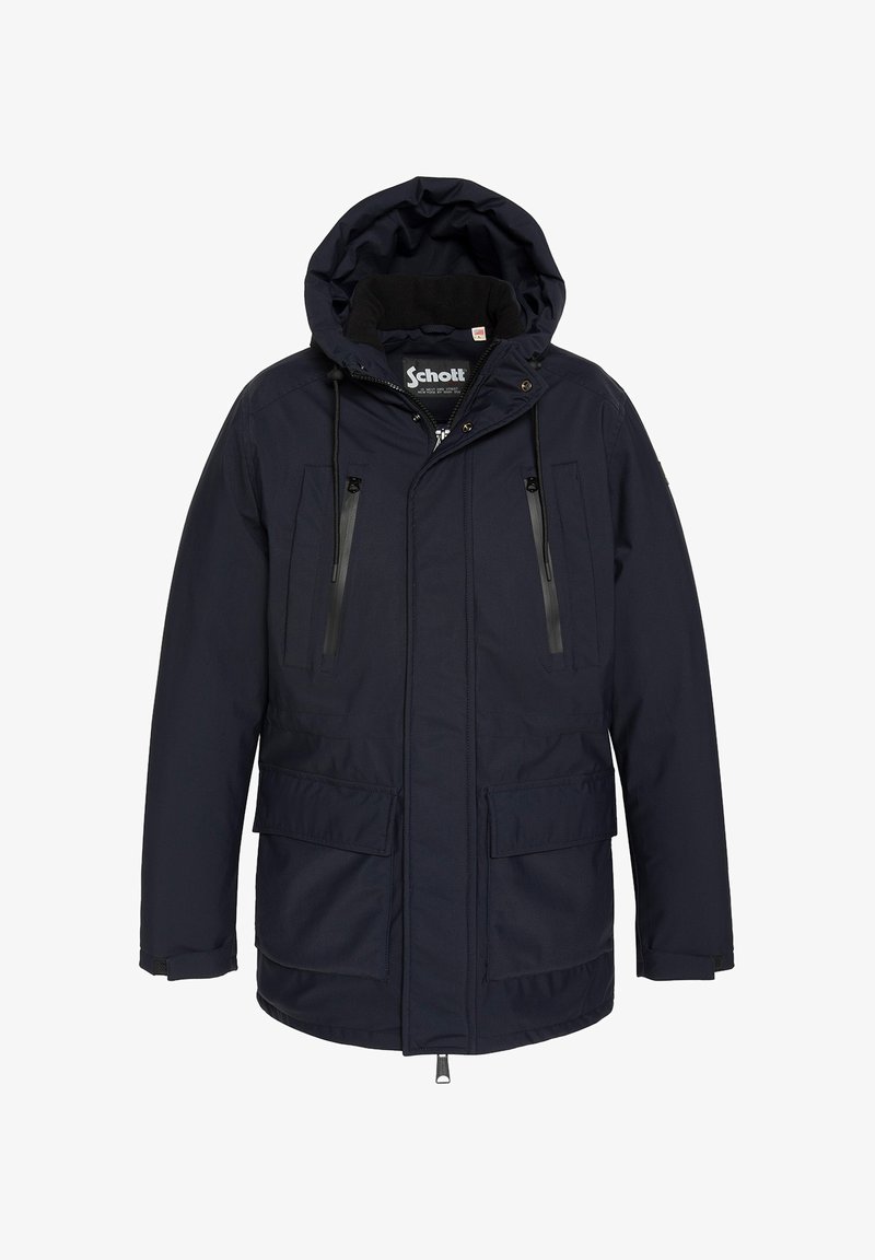 Parka blu navy con cappuccio, dotata di tasche sul petto con zip, grandi tasche inferiori e cordini regolabili. Realizzata in tessuto resistente all'acqua.