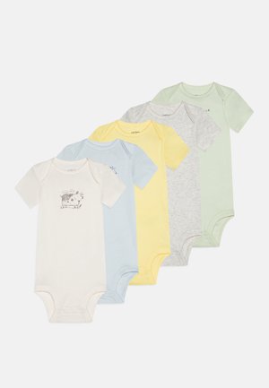 Viis lühikeste varrukatega body't pehmest puuvillast, mille värvid on: valge, helesinine, kollane, hall ja he roheline. Ühel on lehma illustreerimine.