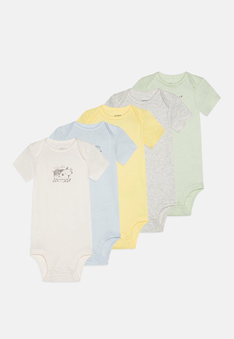 Pięć bodziaków z krótkim rękawem z miękkiej bawełny w kolorach: biały, jasnoniebieski, żółty, szary i jasn Зеленый. Jeden z nich ma ilustrację krowy.