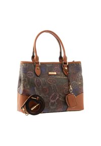 Brązowa torba na ramię z elementami ze skóry i kolorowym wzorem w postaci stempli. Posiada podwójne uchwyty, odpinany pasek oraz boczną metkę.