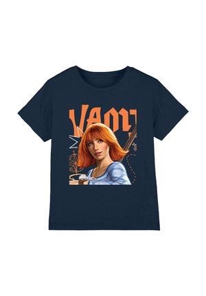 Navy blue T-shirt with a graphic of a red-haired woman, orange "VAN" text, and geometric compass and arrow illustrations.