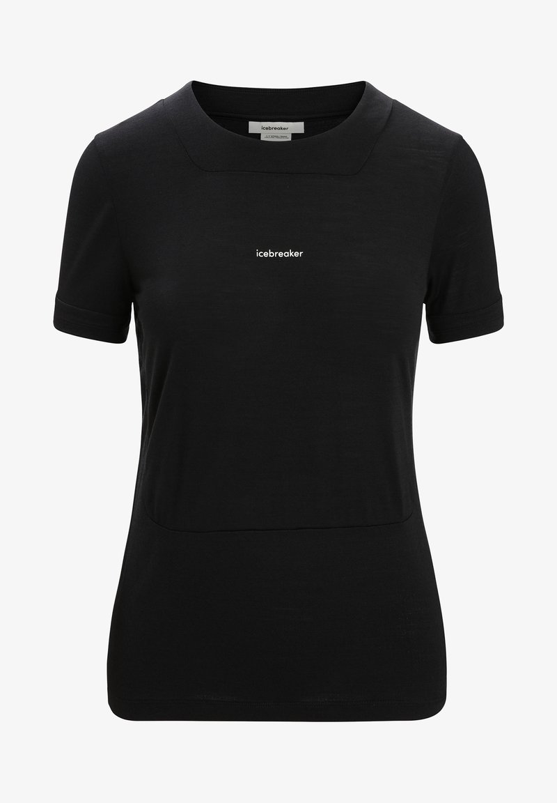 Zwart T-shirt met korte mouwen en een ronde hals, voorzien van een subtiel wit logo. Zachte stof met een aansluitend model en een rechte zoom.