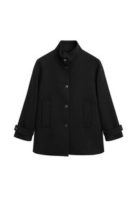 Cappotto di lana nero con collo alla coreana, chiusura frontale con bottoni e due tasche applicate. Maniche con polsini e dettaglio di bottoni aggiuntivi.