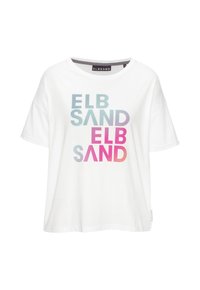 Weißes Baumwoll-T-Shirt mit einem mehrfarbigen Farbverlauf-Textdesign, das "ELB SAND" in Blau, Lila und Pink präsentiert. Lockere Passform mit kurzen Ärmeln.