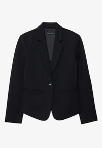 Černý dobře střižený blazer s klopovým límcem, jedním předním knoflíkem a dvěma předními kapsami. Vyrobeno z hladkého materiálu s pevným střihem.