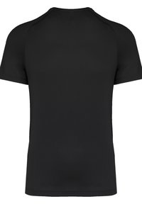 Black short-sleeve t-shirt made of breathable fabric; features a round neck and a smooth texture, designed for functionality and comfort.