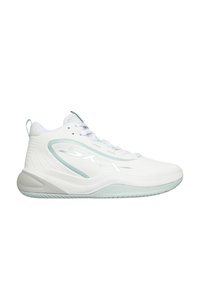 Zapatillas deportivas blancas de caña media con acentos en verde agua y el logo "SKX" en el lado, con una suela acolchada y cordones.