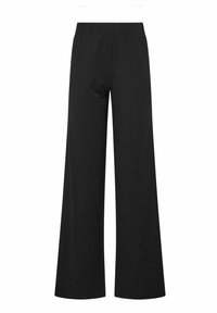Pantalones de pierna ancha negros, hechos de una tela suave, con una cintura elástica y sin cierres o bolsillos visibles. Textura suave en todo su diseño.