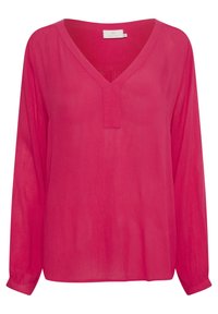 Blouse à col en V à manches longues de couleur rose vif, fabriquée en tissu léger avec une coupe décontractée. Elle présente une patte de boutonnage à l'avant et des manches froncées.