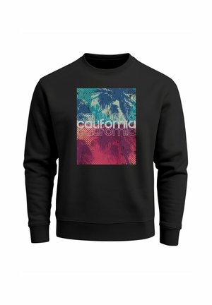 Schwarzer Sweatshirt mit einem grafischen Druck, der blaue und pinke abstrakte Muster zeigt, einschließlich des Wortes "California" in fettem weißen Text.