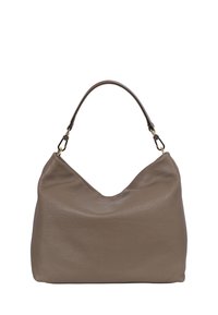 Sac à main en cuir taupe, design hobo avec un haut arrondi et une seule poignée. Présente une surface texturée et des accents en métal doré.