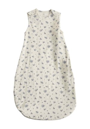 Ærmeløs hvid baby sovepose med små blå blomsterprint, rund halsudskæring og skulderknapper.