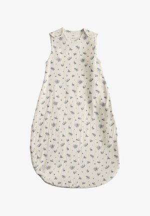 Ærmeløs hvid baby sovepose med små blå blomsterprint, rund halsudskæring og skulderknapper.