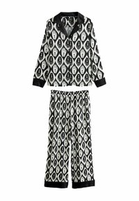 Set de pijamale alb-negru cu un model de mâini, cu mâneci lungi, guler cu tăietură și pantaloni cu talie elastică. Textură a materialului neted.