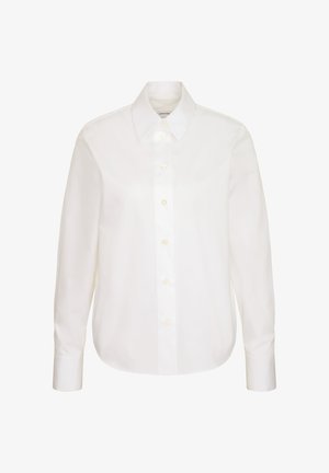 Weißes Langarmhemd aus glattem Stoff, mit spitzem Kragen, Knopfverschluss und abgerundetem Saum, versehen mit dezenten Knopfakzenten.