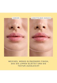 Before and after comparison of lips: soft, matte finish, slightly fuller, smooth texture, with visible definition and hydration in the second image.