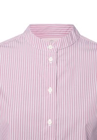 Pink and white vertically striped shirt with a band collar and four white buttons along the front placket.