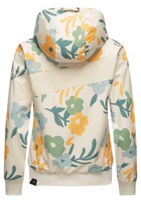 Lette jakke med blomstermønster i cremefarve, prydet med blå, grønne og gule blomster, hætte samt elastiske manchetter og kant.