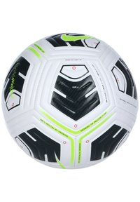 Weißer Fußball mit schwarzen und neongrünen Akzenten, featuring ein geometrisches Muster und strukturierten Panels, gekennzeichnet mit "Größe 4" und "für präzisen Flug entwickelt."