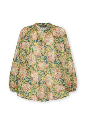 Blouse met lange mouwen met een blad- en bloemenpatroon in groen, roze en crèmekleuren, met een V-hals en geplooide manchetten.