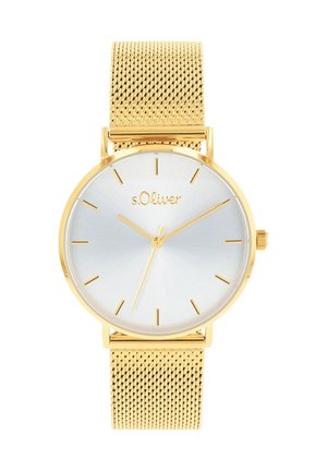 Goldmesh-Uhrenarmband mit einem runden silbernen Zifferblatt. Verfügt über dünne goldene Stundenstriche und Zeiger sowie ein Logo im oberen Bereich des Zifferblatts.