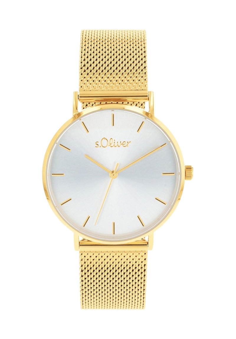 Gouden mesh armbandhorloge met een ronde zilveren wijzerplaat. Voorzien van dunne gouden uurmarkeringen en wijzers, en een logo in de bovenste helft van de wijzerplaat.