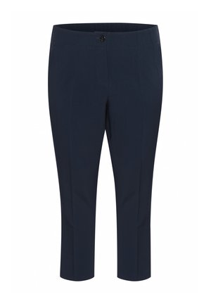 Pantalons cropped bleu marine en tissu lisse, avec une fermeture à bouton sur le devant, des poches latérales et une coupe ajustée.