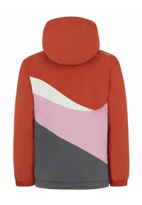 Vue arrière d'une veste à capuche avec des blocs de couleurs en orange brûlé, blanc, rose et gris foncé, avec des poignets élastiques aux manches.
