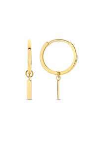 Gouden oorringen met een strak ontwerp en een hangende rechthoekige accent. De gladde textuur en de ronde vorm versterken de moderne uitstraling.