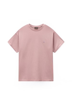 Hellviolettes T-Shirt mit kurzen Ärmeln und Rundhalsausschnitt, mit kleinem gesticktem Flaggenlogo auf der linken Brust.