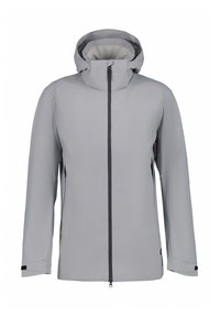 Veste imperméable gris clair avec un col montant, fermeture à zip et poignets ajustables. Caractéristiques : texture lisse et design minimaliste.