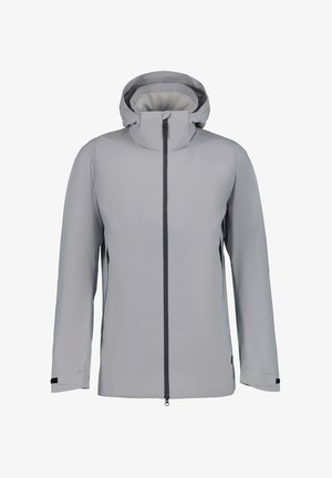 Hellgraue, wasserdichte Jacke mit hohem Kragen, Reißverschluss und verstellbaren Bündchen. Verfügt über eine glatte Textur und minimalistisches Design.