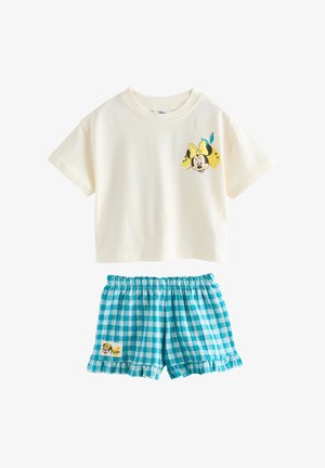 Cremefarvet top med korte ærmer med Minnie Mouse og citron-grafik, kombineret med blå og hvide ternede shorts med flæsekant og Minnie-patch.