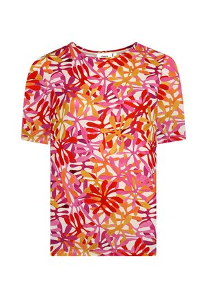 Kurzärmeliges T-Shirt aus weicher Stoffqualität mit einem lebhaften Blumenmuster in Rosa-, Rot- und Orangetönen auf einem hellen Hintergrund.