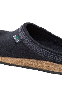 Black felt slipper with a cork sole. Features a patterned elastic band at the opening and a logo label on the side. Textured surface.