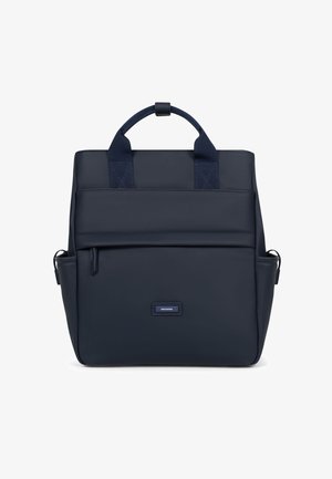 Marineblauwe rugzak met een sleek design, voorzien van een bovenhandvat, verstelbare schouderbanden en een voorzak met ritssluiting voor extra functionaliteit.