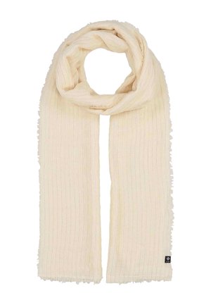 Kremowy prążkowany szalik z postrzępionymi krawędziami i małą czarną metką marki w dolnym prawym rogu.