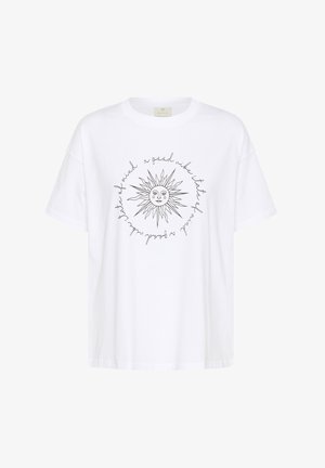 T-shirt en coton blanc à coupe ample, avec un graphique de soleil noir et du texte dans un design circulaire. Manches courtes et col rond.