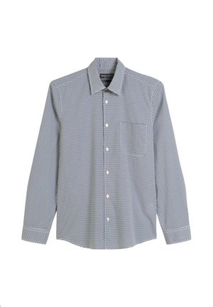 Langarmhemd in Marineblau und Weiß mit einem geometrischen Muster. Verfügt über einen Kragen, eine Brusttasche und eine Knopfleiste. Aus Baumwollmischung.