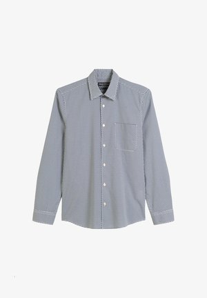 Langarmhemd in Marineblau und Weiß mit einem geometrischen Muster. Verfügt über einen Kragen, eine Brusttasche und eine Knopfleiste. Aus Baumwollmischung.