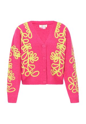 Cardigan din lână roz vibrant, cu modele florale mari de culoare galbenă. Dispune de un gât în V, cinci butoane și manșete și tiv cu nervuri.