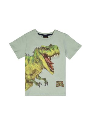 Light green short-sleeve children's T-shirt with a large roaring T-Rex dinosaur graphic and "Dino World" text on the front.