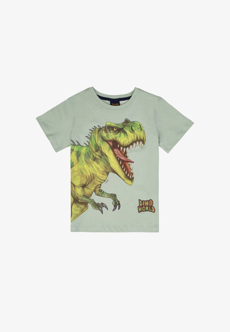 Maglietta per bambini a maniche corte verde chiaro con una grande grafica di un dinosauro T-Rex che ruggisce e la scritta "Dino World" sul davanti.