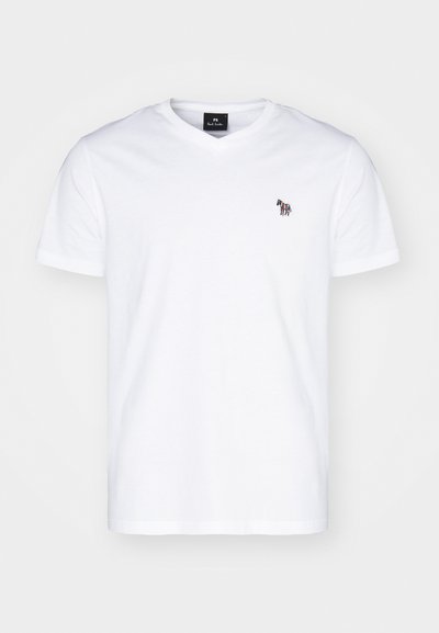 White cotton t-shirt featuring a v-neck design, short sleeves, and a small, embroidered multicolored zebra logo on the left chest.