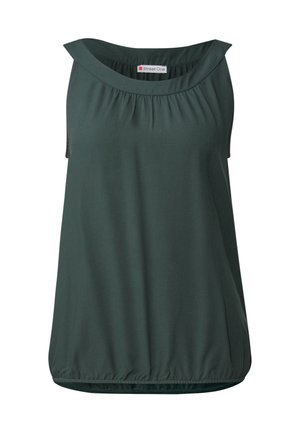 Tmavě zelený bezrukávový top s lodním výstřihem, shromážděnými detaily v přední části a mírně nařaseným lemem. Vyroben z měkké, hladké tkaniny.