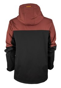 Giacca resistente all'acqua con la parte superiore color bordeaux e la parte inferiore nera, dotata di cappuccio e polsini regolabili, realizzata in tessuto morbido.