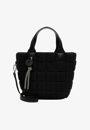 Black handbag with a padded rectangular design, made of smooth material. Features short handles, removable shoulder strap, and decorative tassel.
