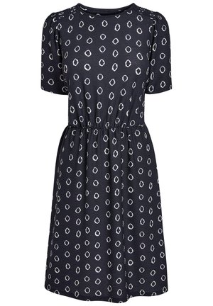 Robe courte bleu marine avec motif de cercles blancs irréguliers, manches courtes bouffantes, encolure ronde et taille froncée.